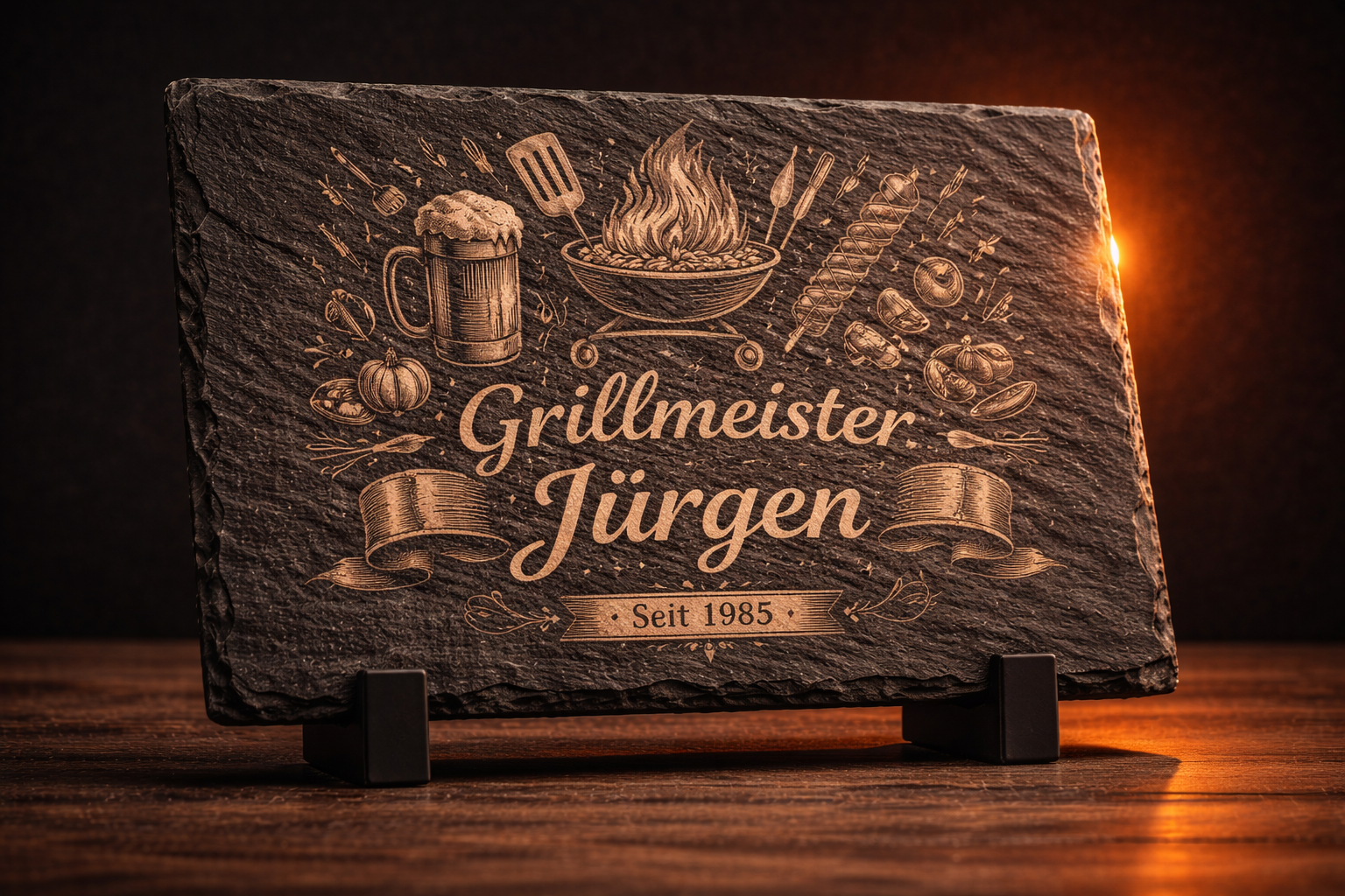 Grillmeister Plaque mit Grillmotiven als Lasergravur Geschenk