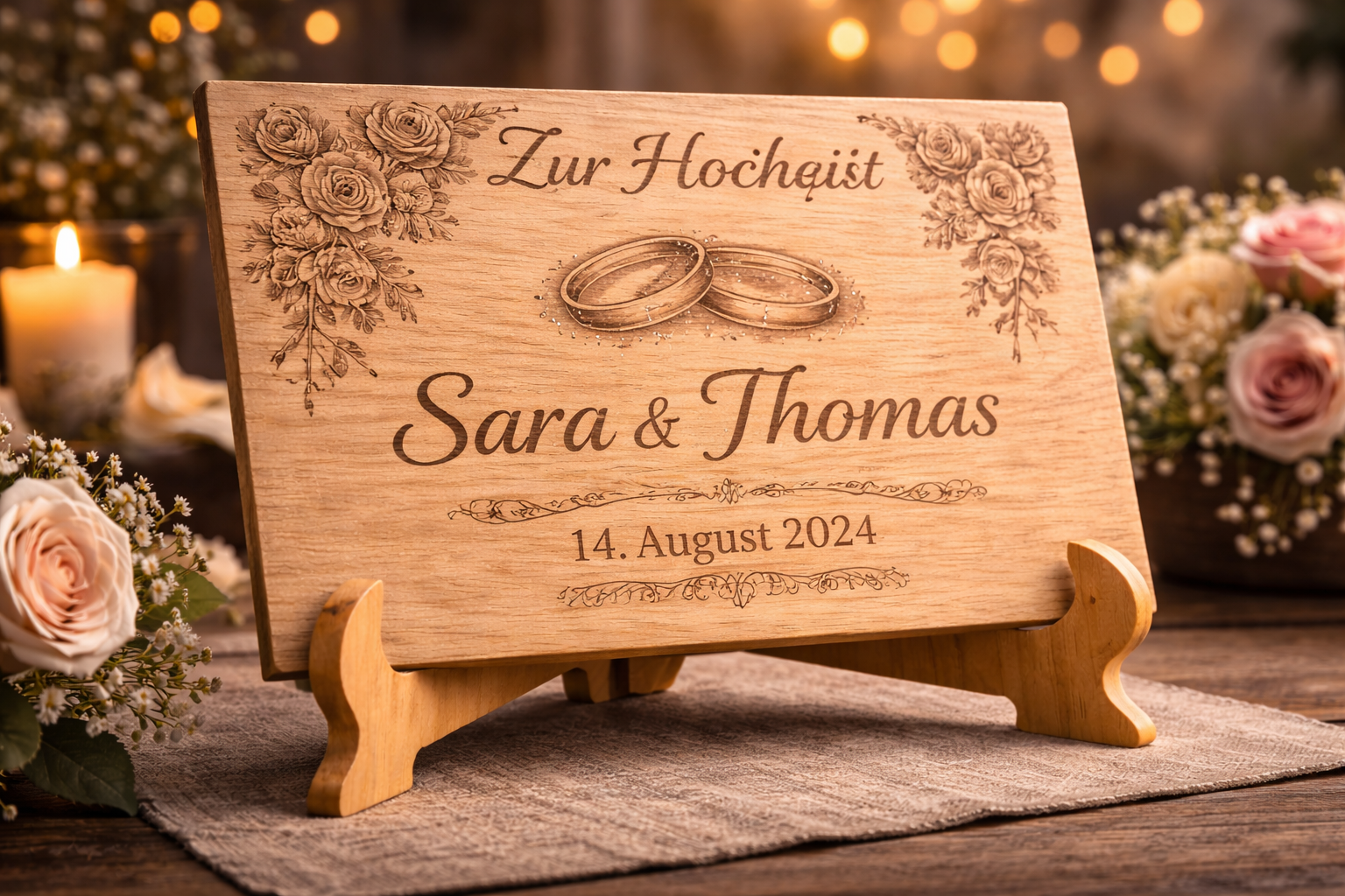 Hochzeitserinnerung Lasergravur auf Holz
