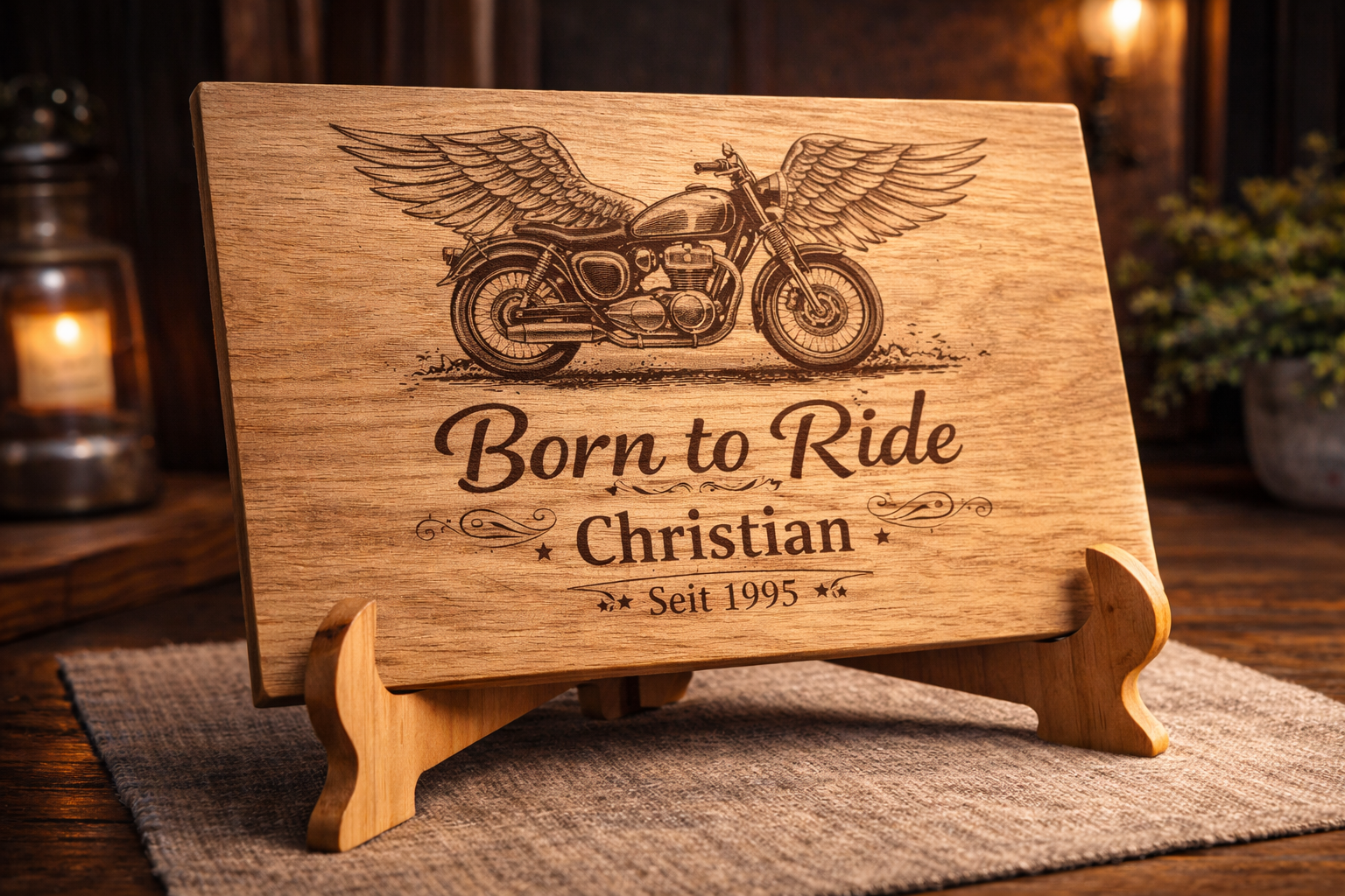 Vintage Motorrad Lasergravur auf Holzschild