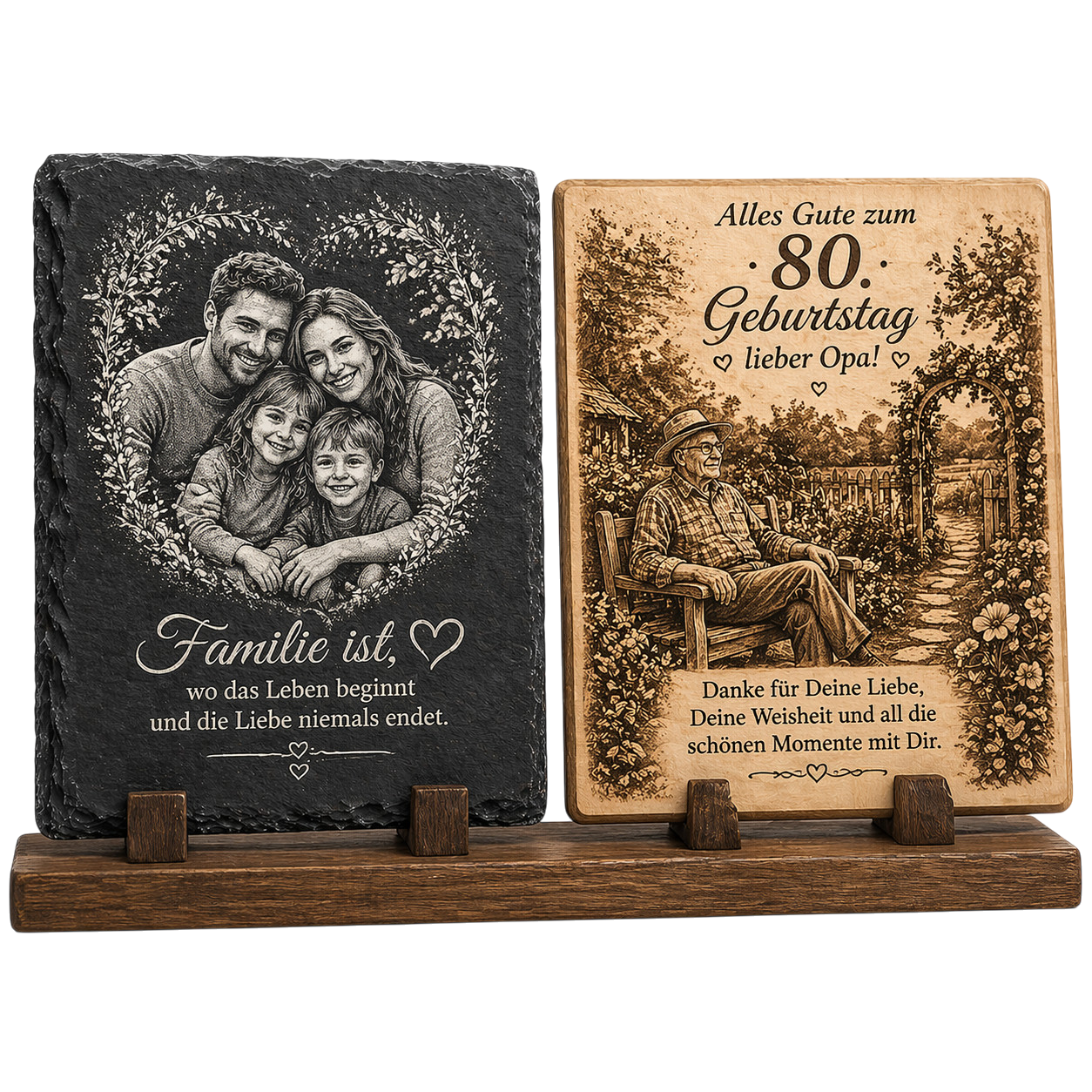 Lasergravur Beispiel auf Holz und Schiefer